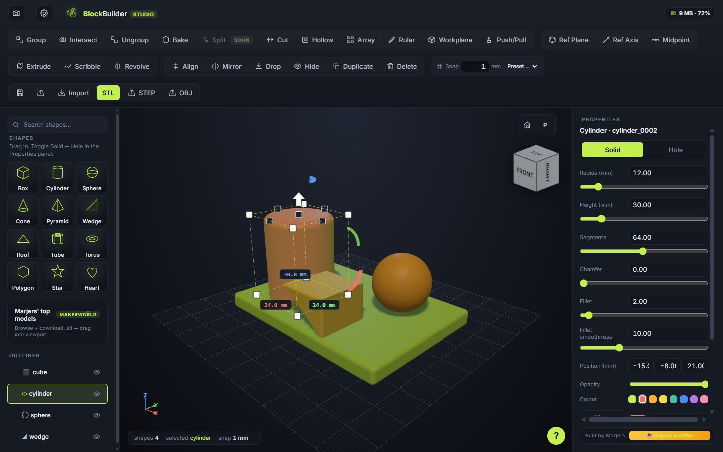 BlockBuilder Studio on a 1440 px desktop. Toolbar across the top, shape library on the left, 3D canvas centre with a filleted base plate, cylinder, sphere and wedge. Properties panel with sliders on the right.