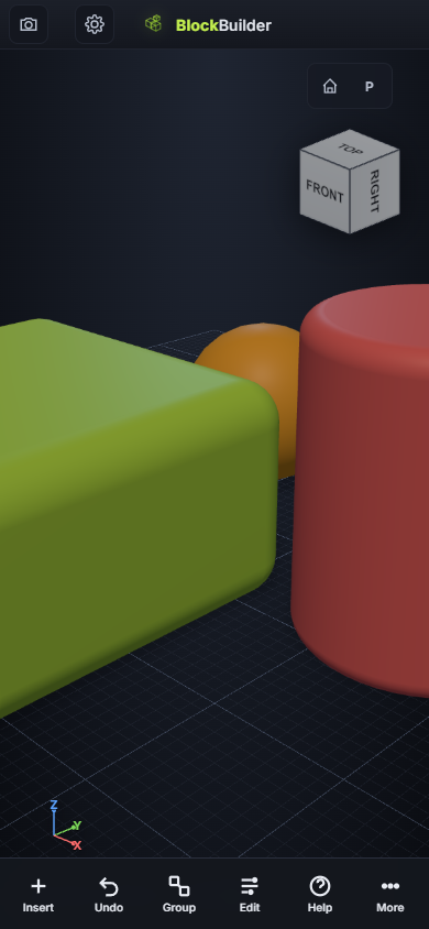 BlockBuilder Studio on iPhone. Top brand bar, 3D canvas with three filleted shapes, bottom dock with Insert / Undo / Group / Edit / Help / More.