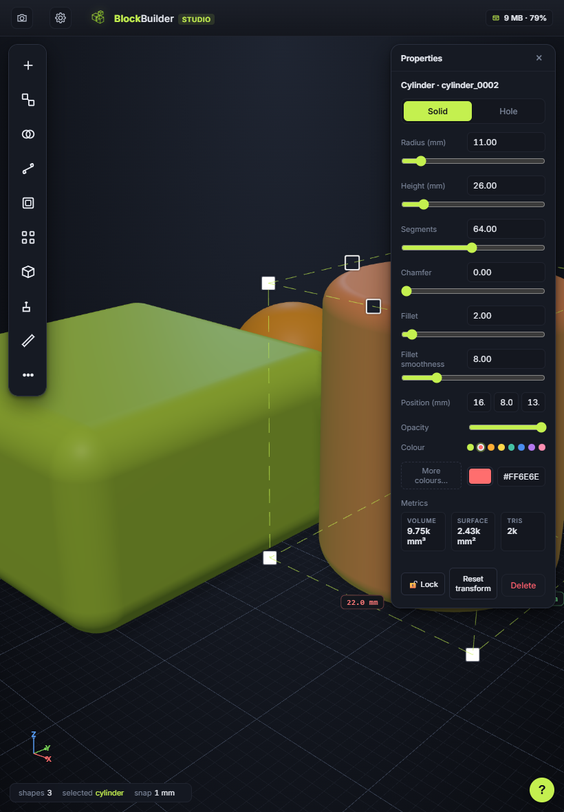 BlockBuilder Studio on iPad. Vertical tool rail on the left, 3D canvas centre with a filleted box, sphere and red cylinder. Properties card on the right with width / height / fillet sliders.