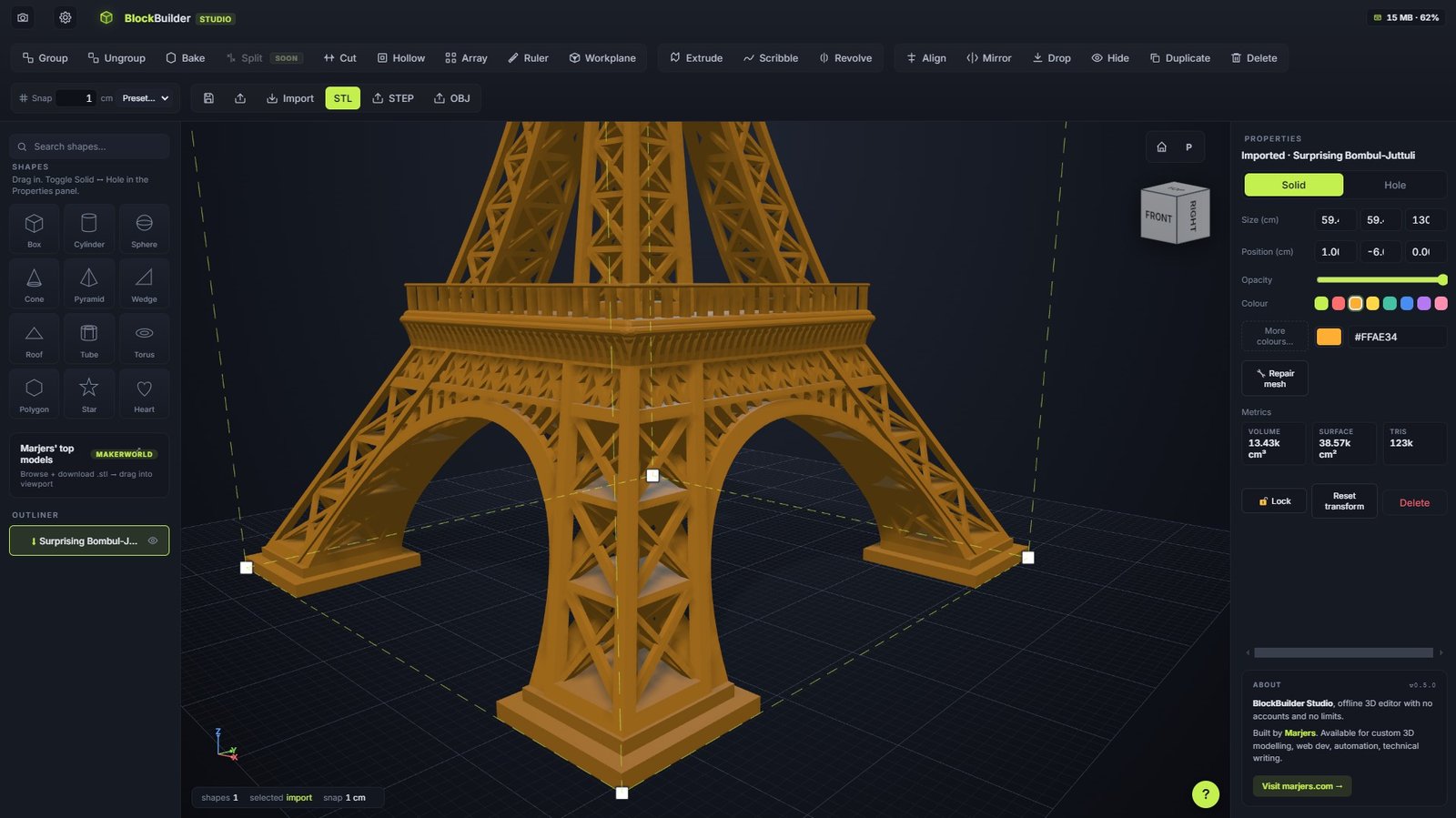 Eiffel Tower STL — 123k triangles, live volume metrics