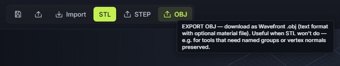 Toolbar export buttons — Save, Upload, Import, STL, STEP, OBJ — with the OBJ tooltip showing its description.
