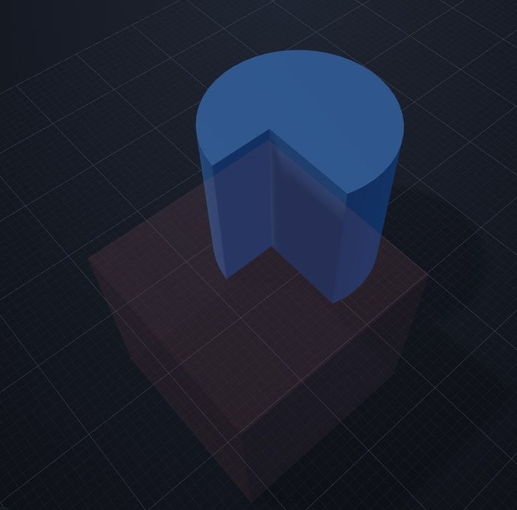 A blue solid cylinder overlapping a red translucent hole-box, ready to be combined via Group.