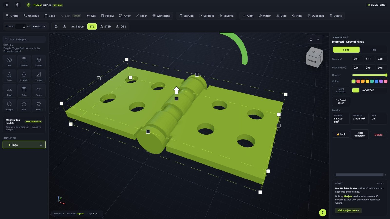 A modelled hinge — solids and holes grouped + baked