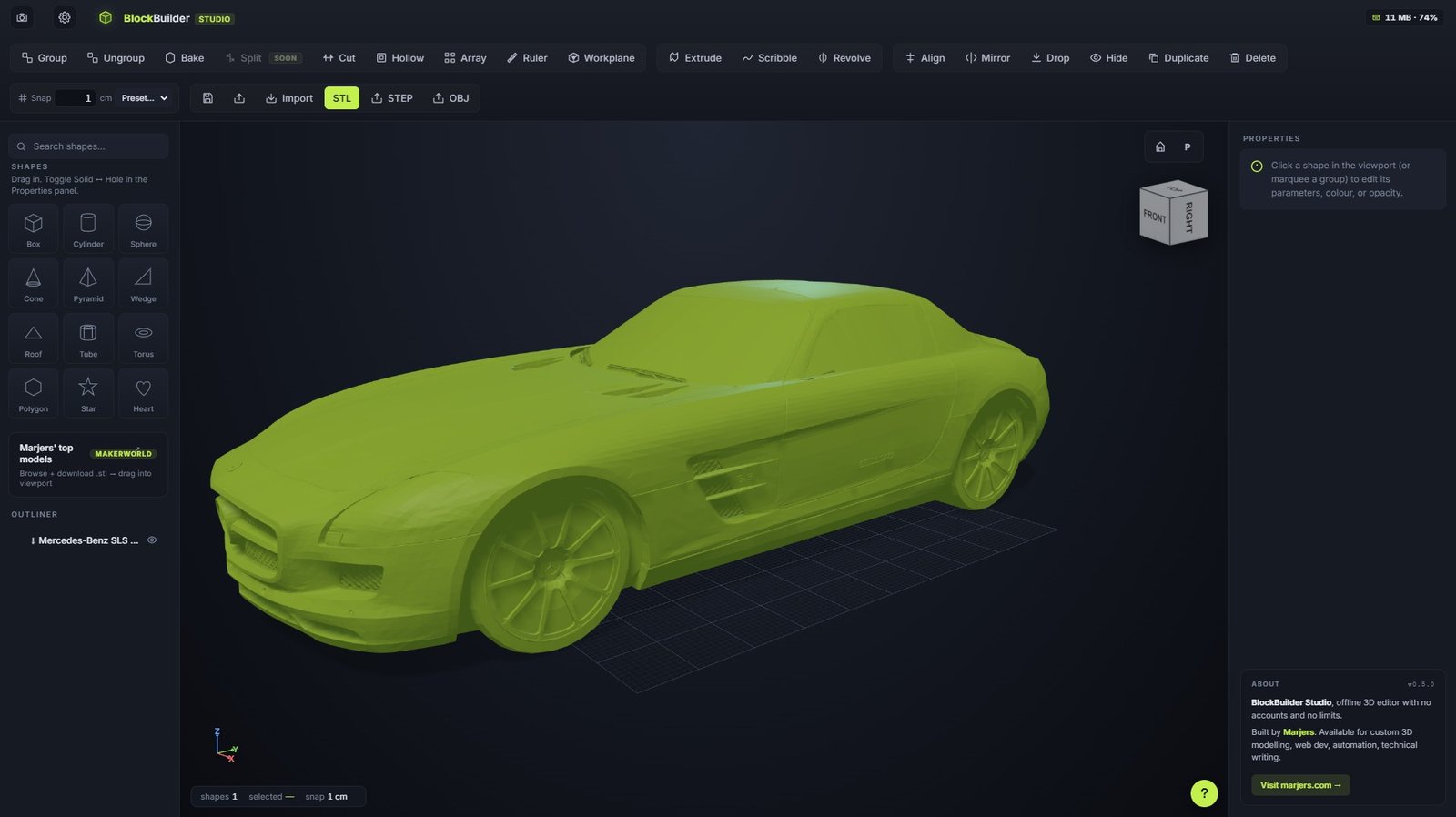 Mercedes-Benz SLS — lime-shaded STL import standing on the workplane.