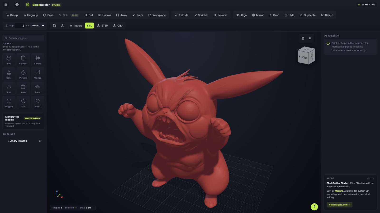 Angry Pikachu STL import, coral-shaded, full-body.