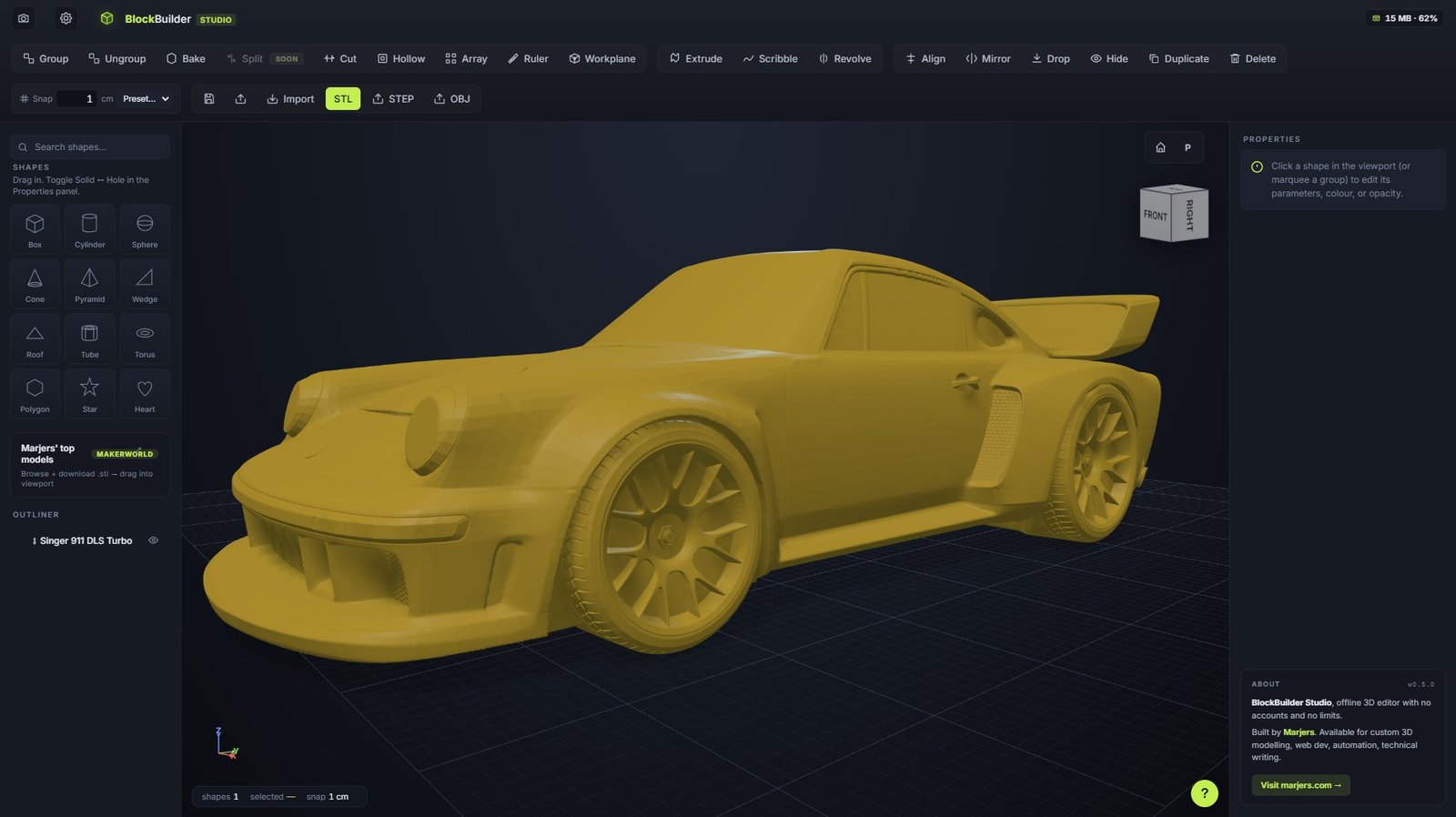 Porsche 911 STL imported and orbiting in BlockBuilder Studio