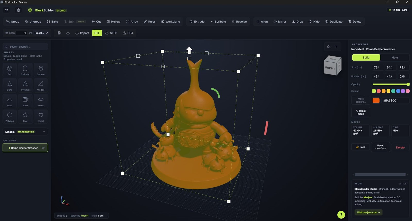 Rhino Beetle Wrestler selected, with the Properties panel showing size, position, opacity, colour swatches, metrics (volume, surface area, tri count), and Lock / Reset / Delete actions.