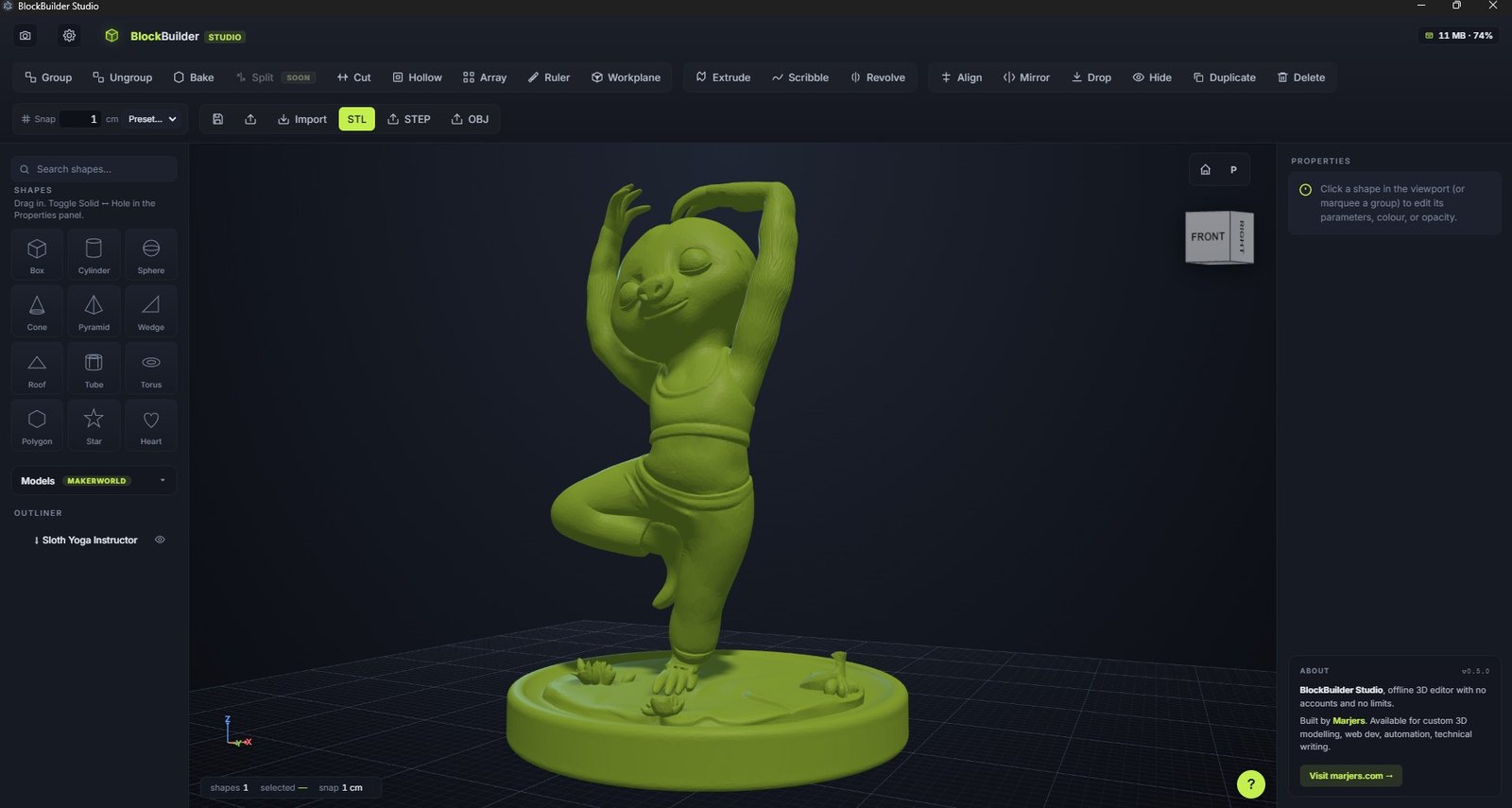 Sloth Yoga character STL standing on a base, lime-shaded, viewed from the front.